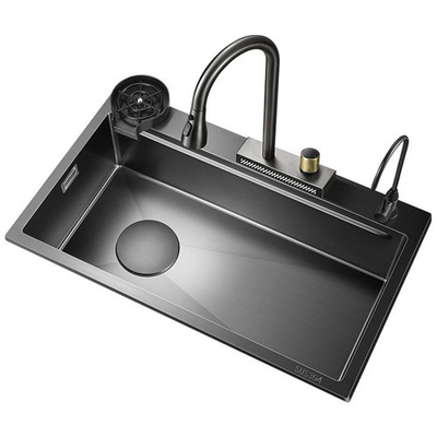 Cucina in acciaio inossidabile 2024 Lavabo con 2 chiavi piano Led cascata Rubinetto grande singolo slot Bionic Honeycomb Black Wash Ba